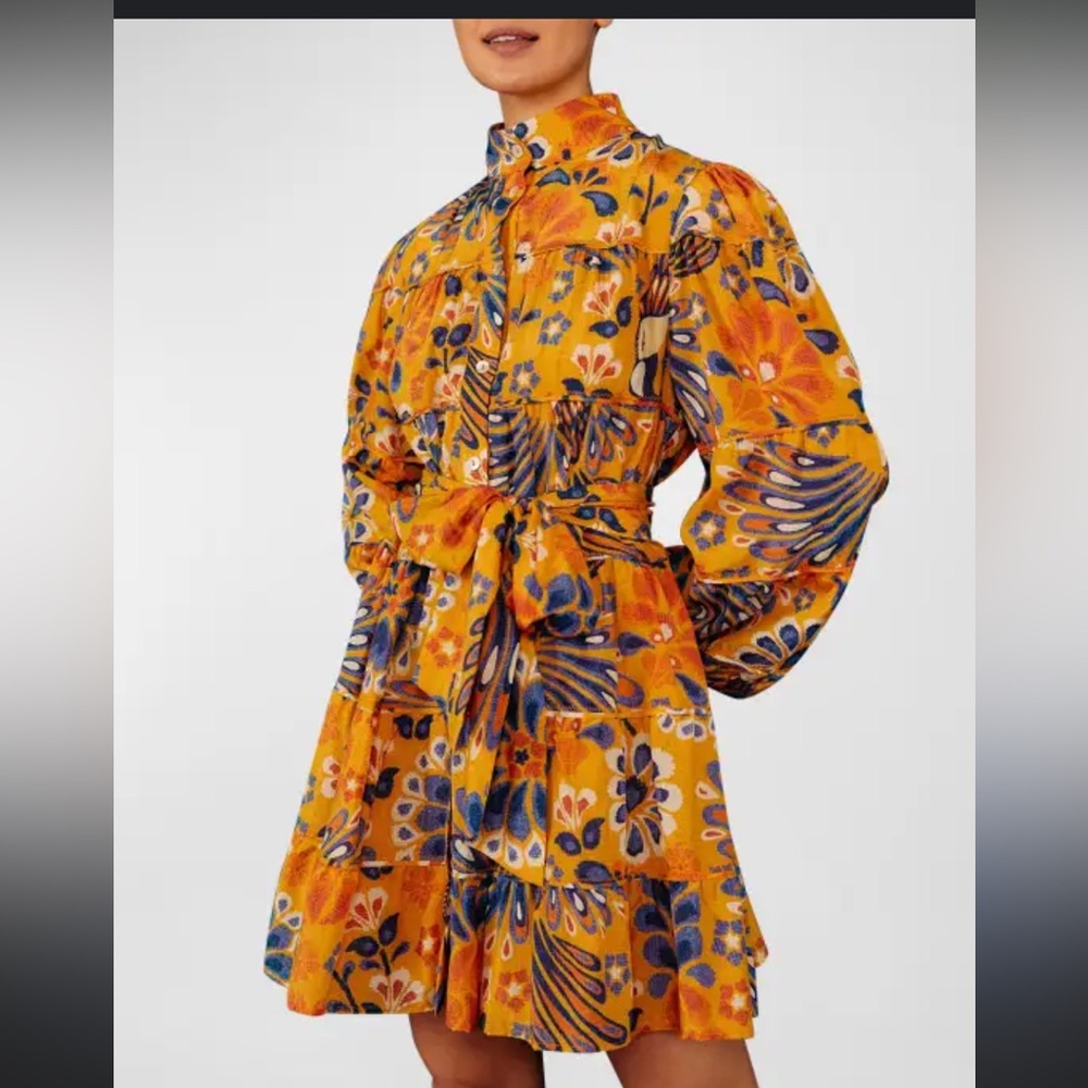 FARM Rio Orange and Blue Floral Long Sleeve Dress
